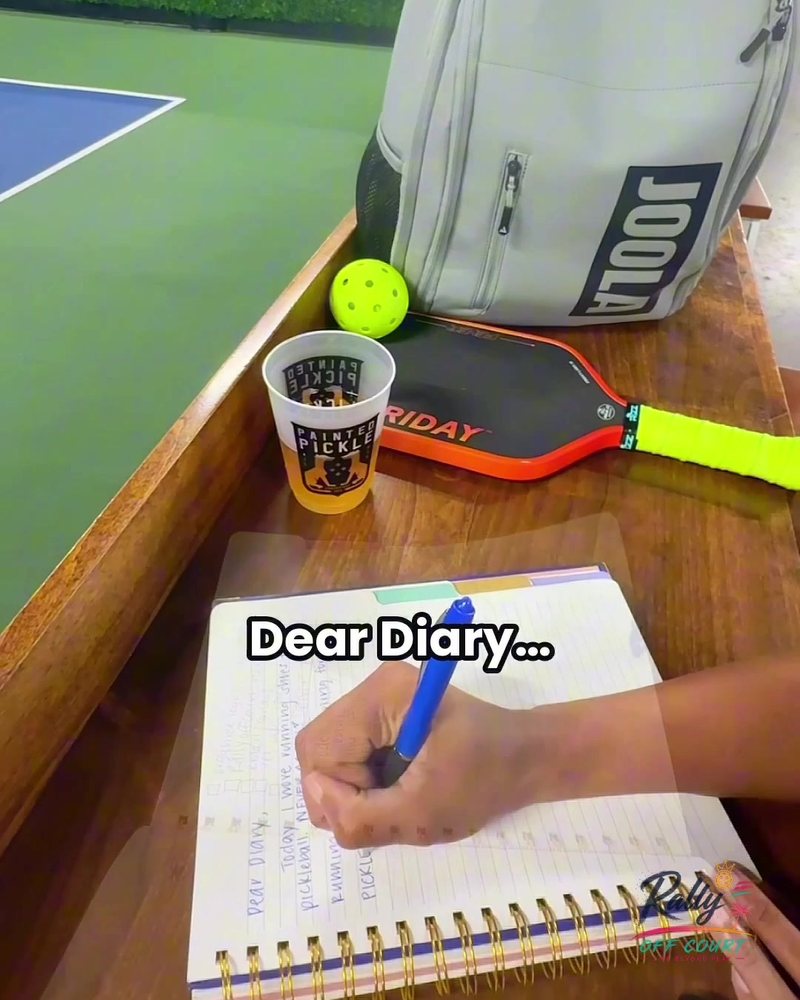 An open notebook on a courtside bench with the handwritten words Dear Diary, next to a paddle and a drink cup.